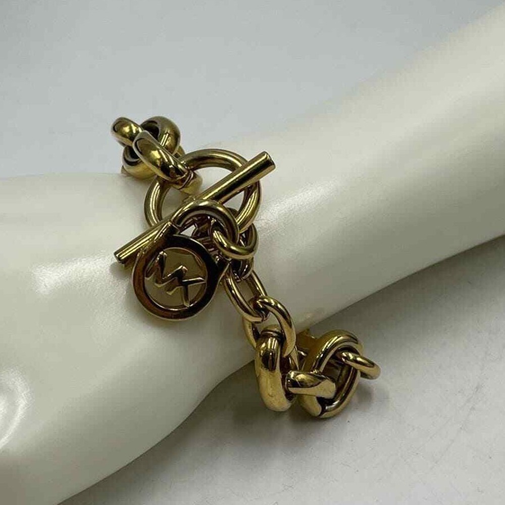 Michael Kors Designer Vintage Gold Plated Link Logo Padlock Toggle Bracelet‎